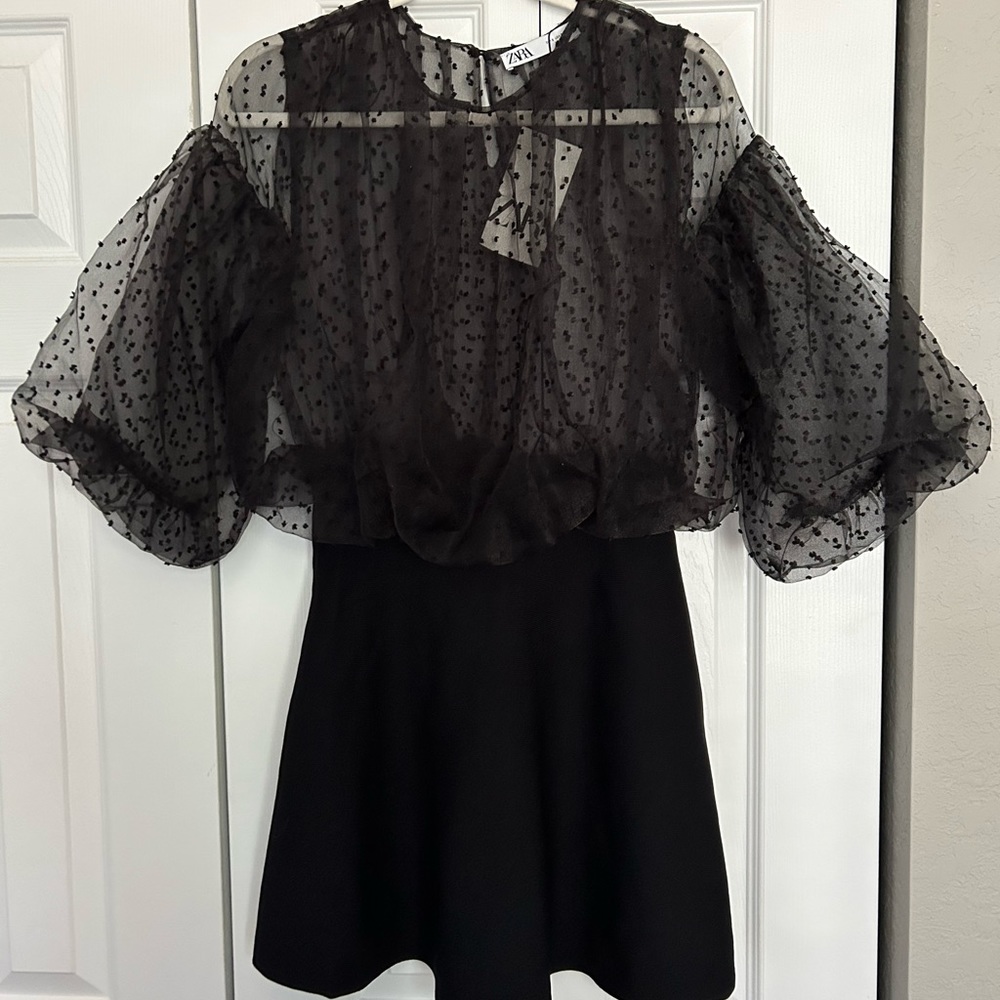 Zara Black Puff Sleeve Polka Dot Mini Dress. Size S.
